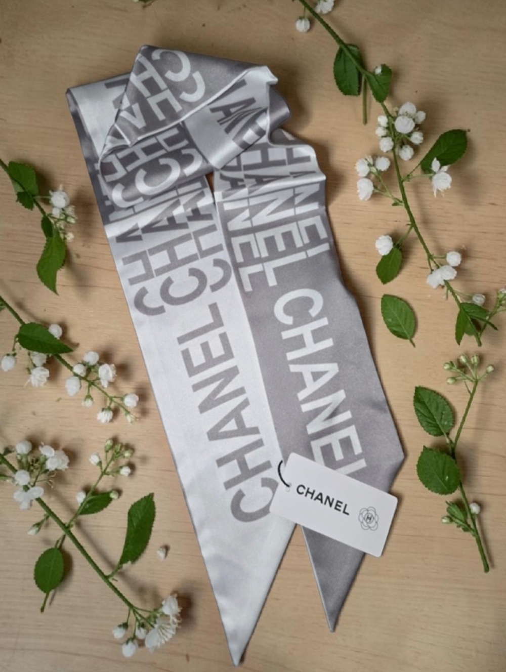 CHANEL Silver Gray and White Logo Silk Scarf Wrap